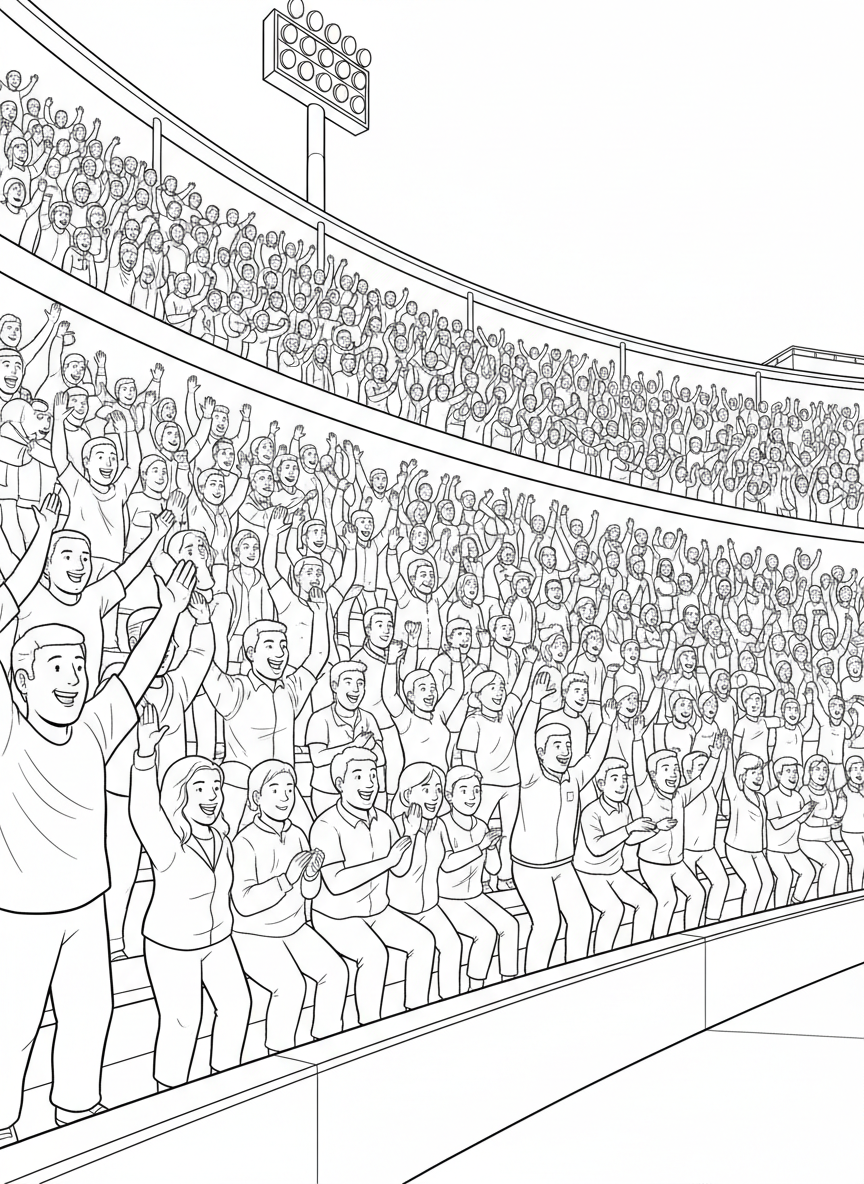A crowd of spectators doing the wave in the stadium stands, with varied expressions and clothing to color.