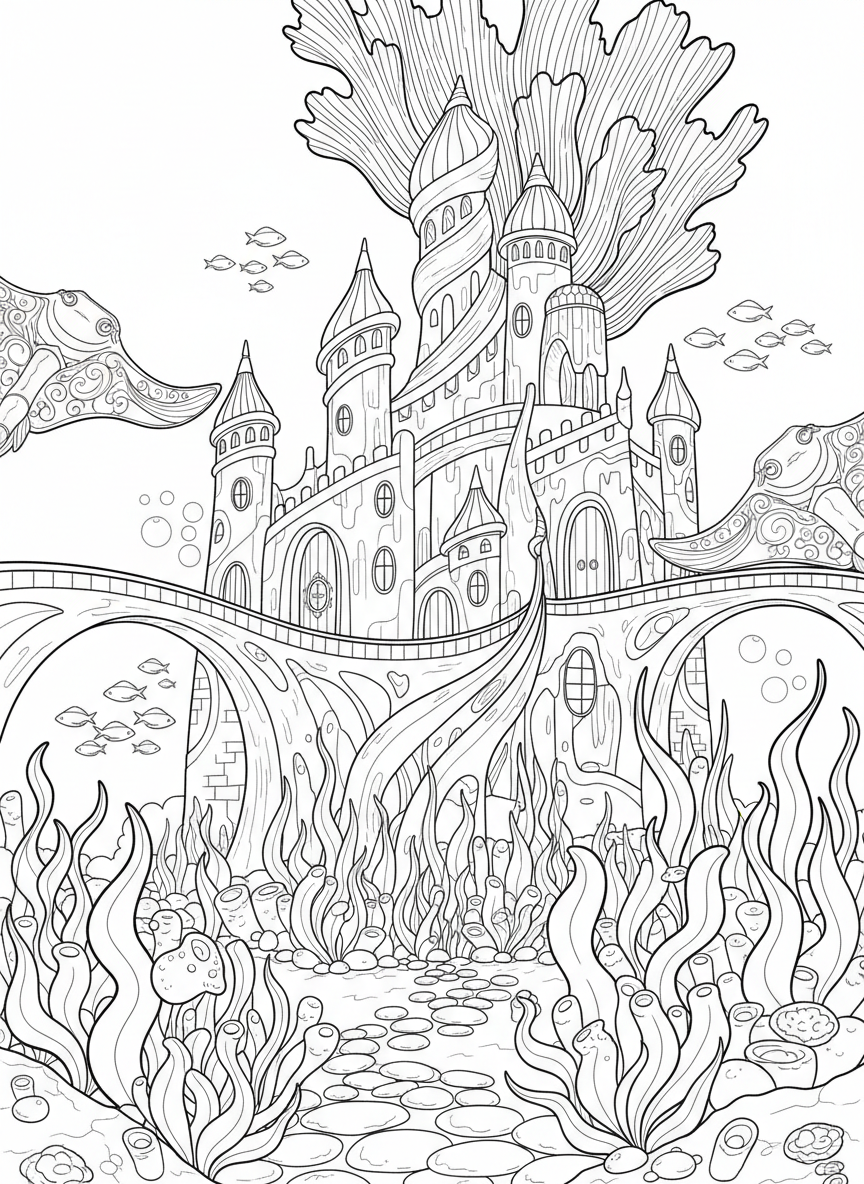 An elaborate underwater castle scene with towers, arches, and seaweed gardens for detailed coloring