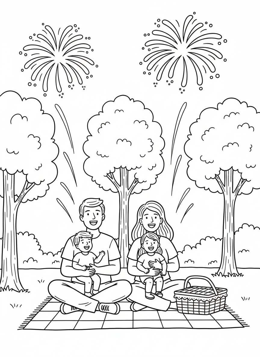 A family of four sitting on a picnic blanket watching fireworks overhead, with trees in the background and a basket beside them.