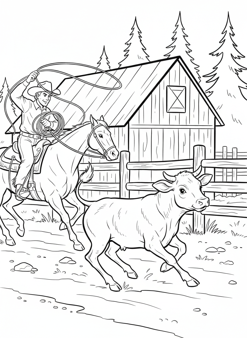 A playful calf running through a ranch yard with a cowboy on horseback gently chasing it with a lasso.