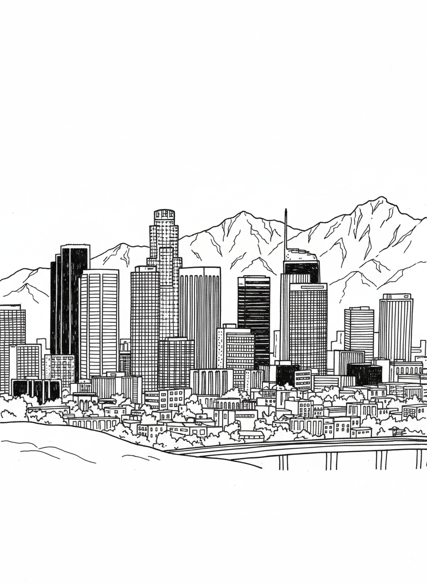 The Los Angeles skyline with tall buildings and skyscrapers, viewed from a distance with mountains behind