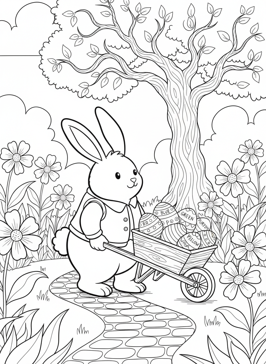 A bunny pushing a wheelbarrow full of colorful Easter eggs through a garden path lined with flowers