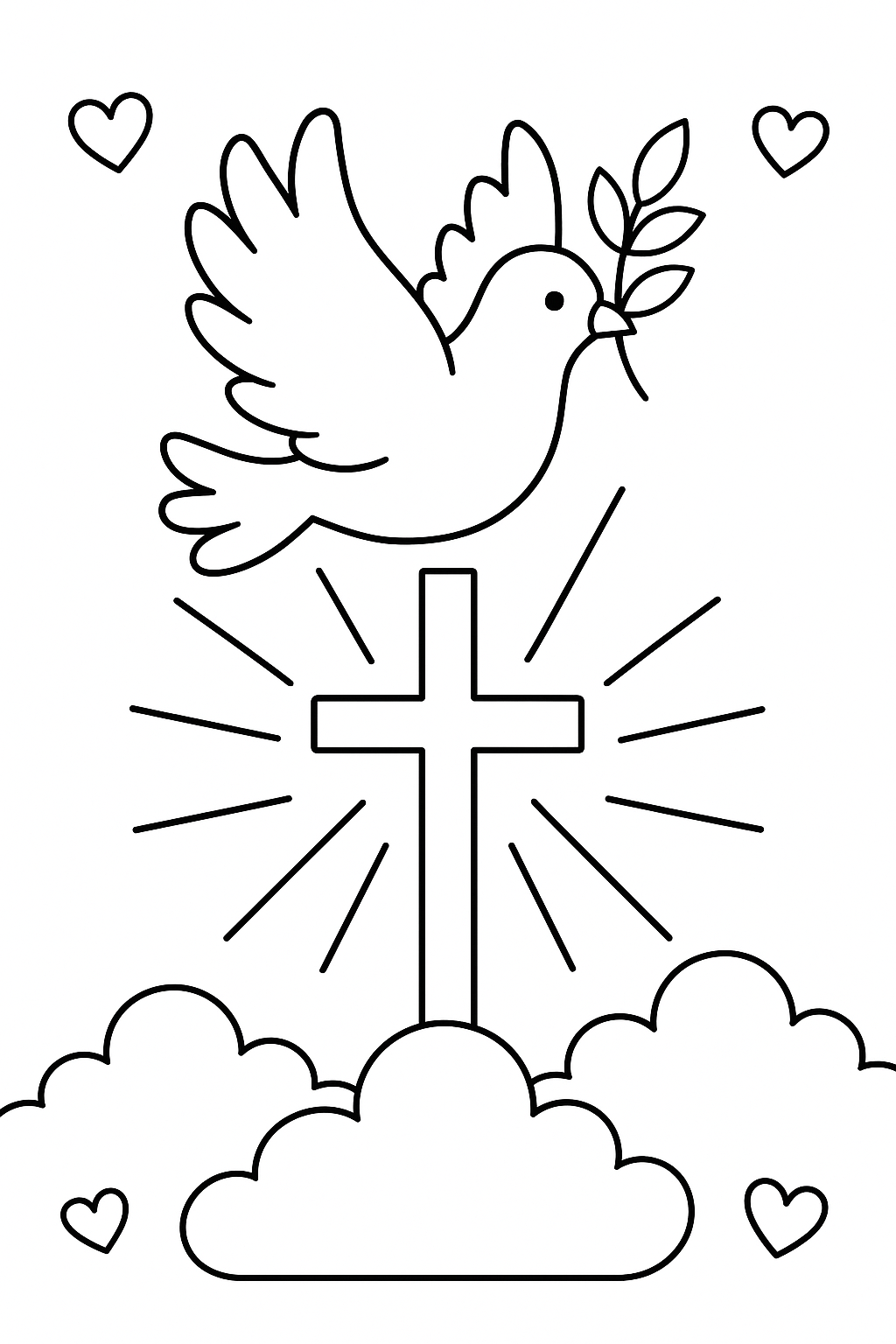 Draw a dove holding an olive branch flying above clouds. Add a cross, rays of light, and small hearts in corners.