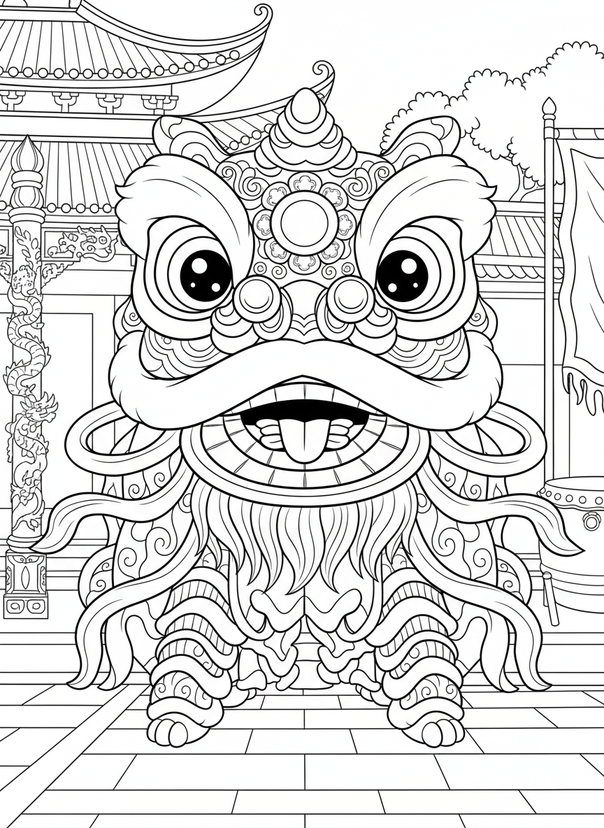 A friendly lion dance costume with big eyes and fluffy mane, front view with decorative details