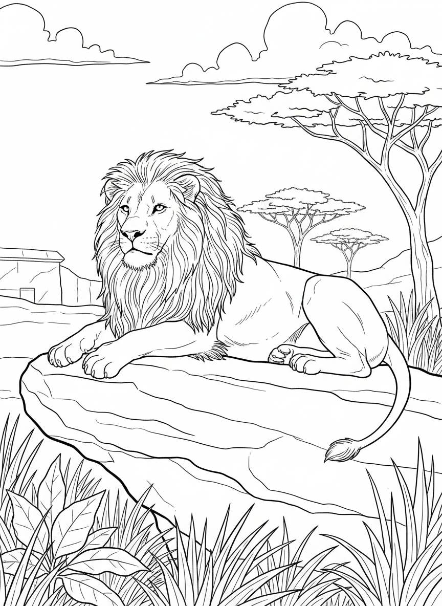 A majestic lion resting on a rock at the Columbus Zoo with grass and safari-themed background elements