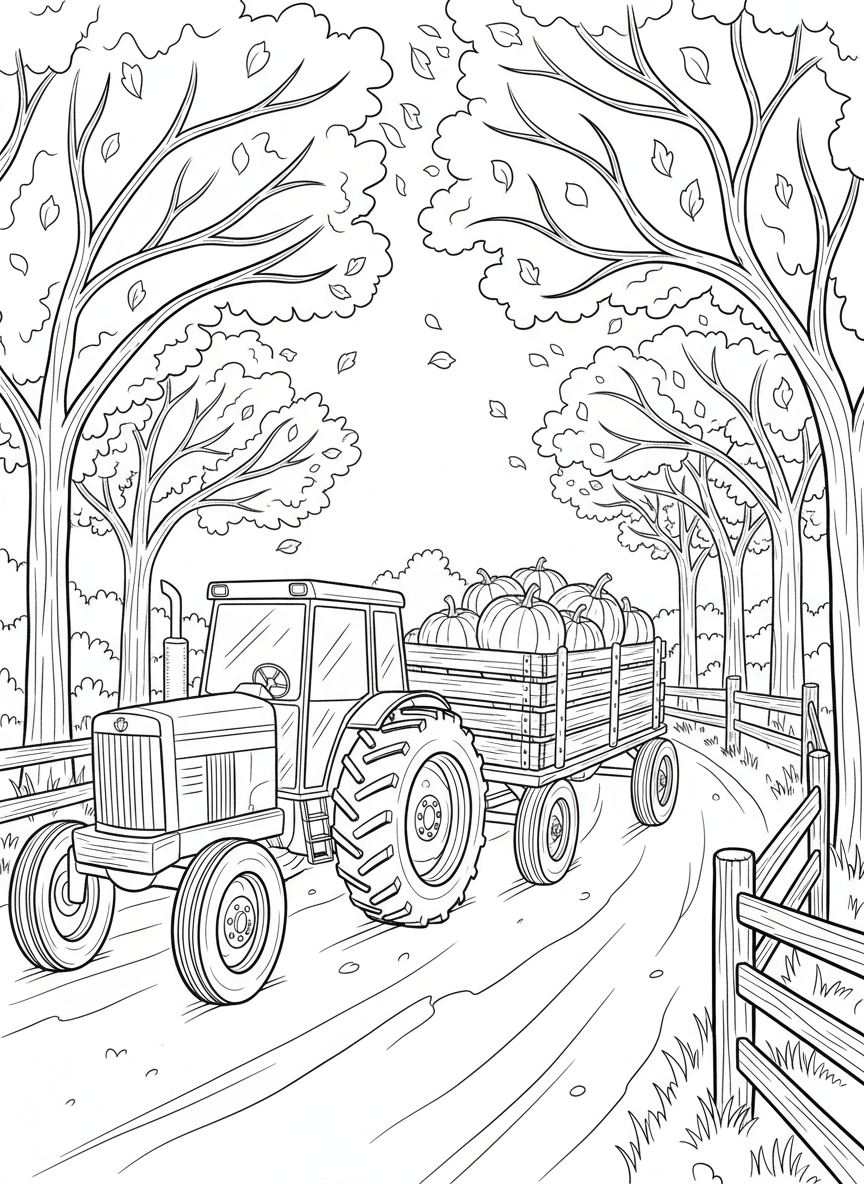 A tractor pulling a wagon full of pumpkins down a country road lined with autumn trees and a wooden fence.