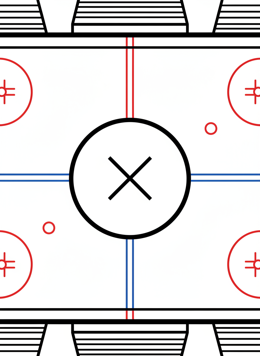 A hockey rink from above showing the center ice circle, blue lines, and goal creases in a symmetrical bird's-eye view composition.