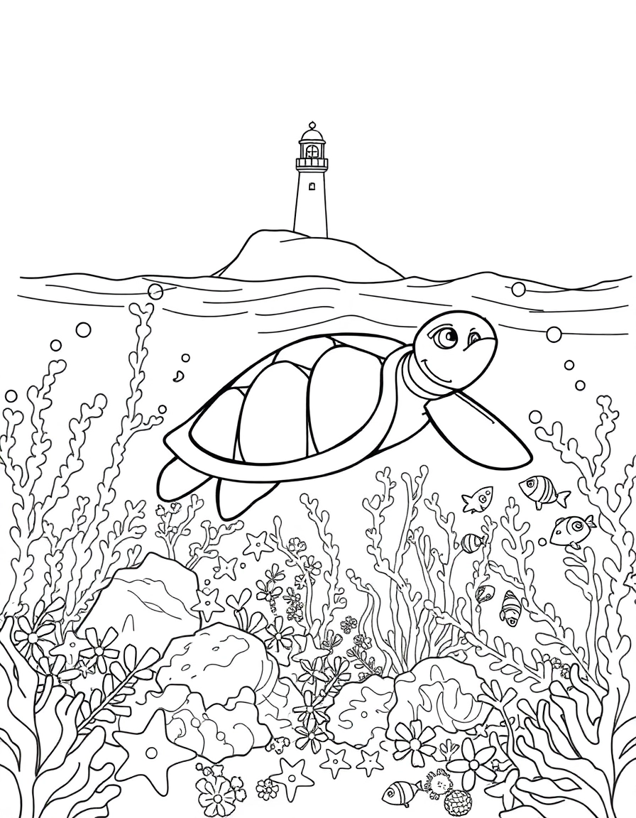 A sea turtle glides through kelp forests near coral rocks, surrounded by starfish, fish, and bubbles. A lighthouse stands faintly in the background above the waves.