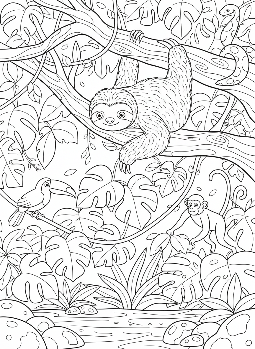A curious sloth looking down from a high branch, with the forest floor far below and other canopy animals around