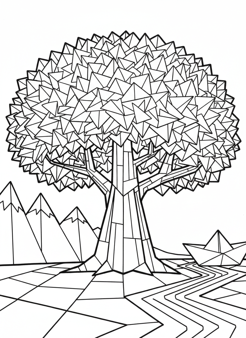 A whimsical origami tree with a thick folded trunk and geometric triangular leaves forming a full canopy, perfect for beginners.