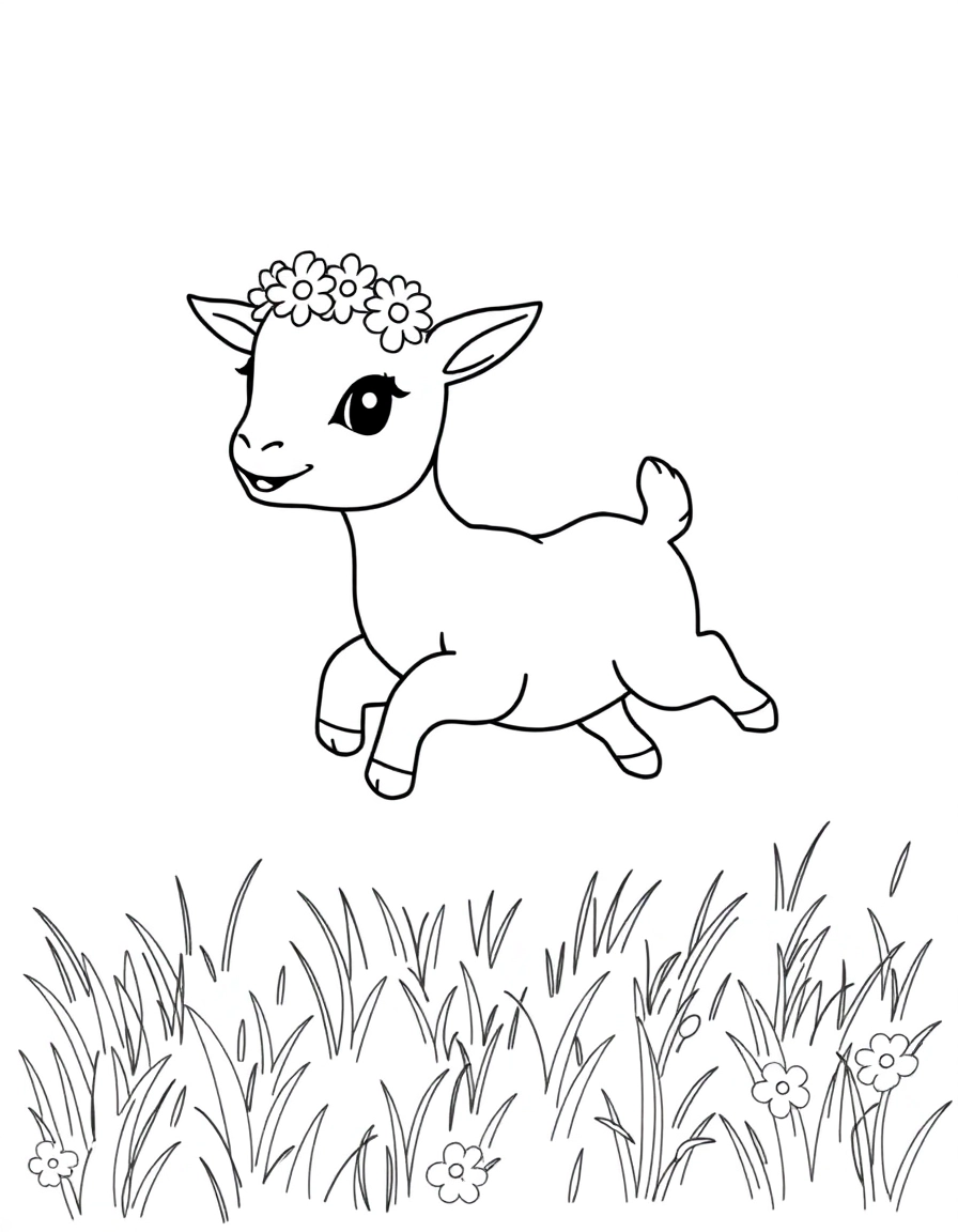 A baby goat wearing a flower crown, leaping happily through a meadow.