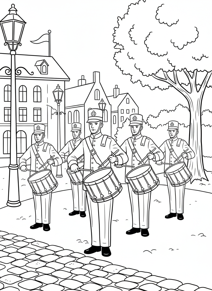 A row of snare drummers in formation, all playing their drums with drumsticks raised at the same angle.