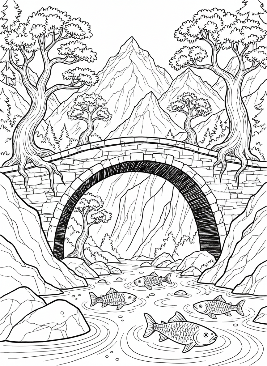 A natural bridge formation over a river with trees growing on top, fish visible in the water below, and mountains in the background.