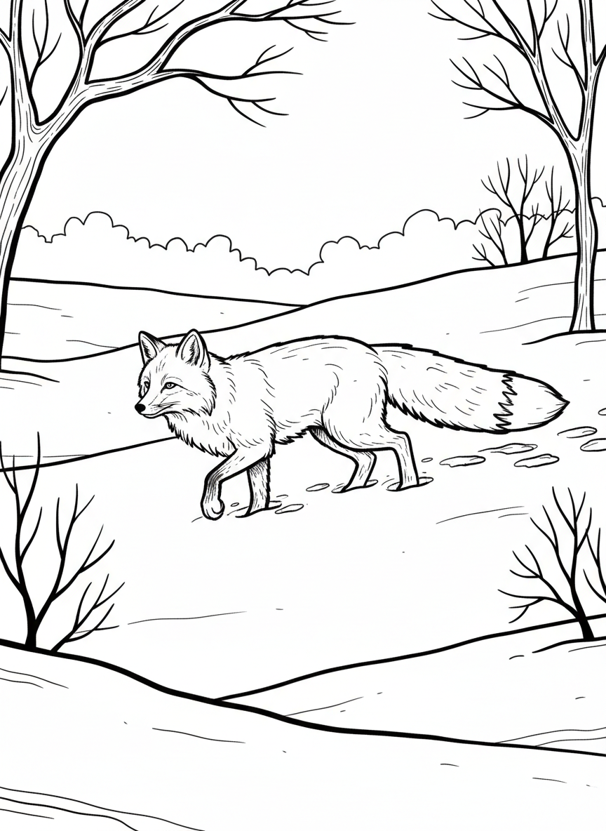 A fox with a fluffy tail walking through deep snow, leaving paw prints behind in a winter meadow