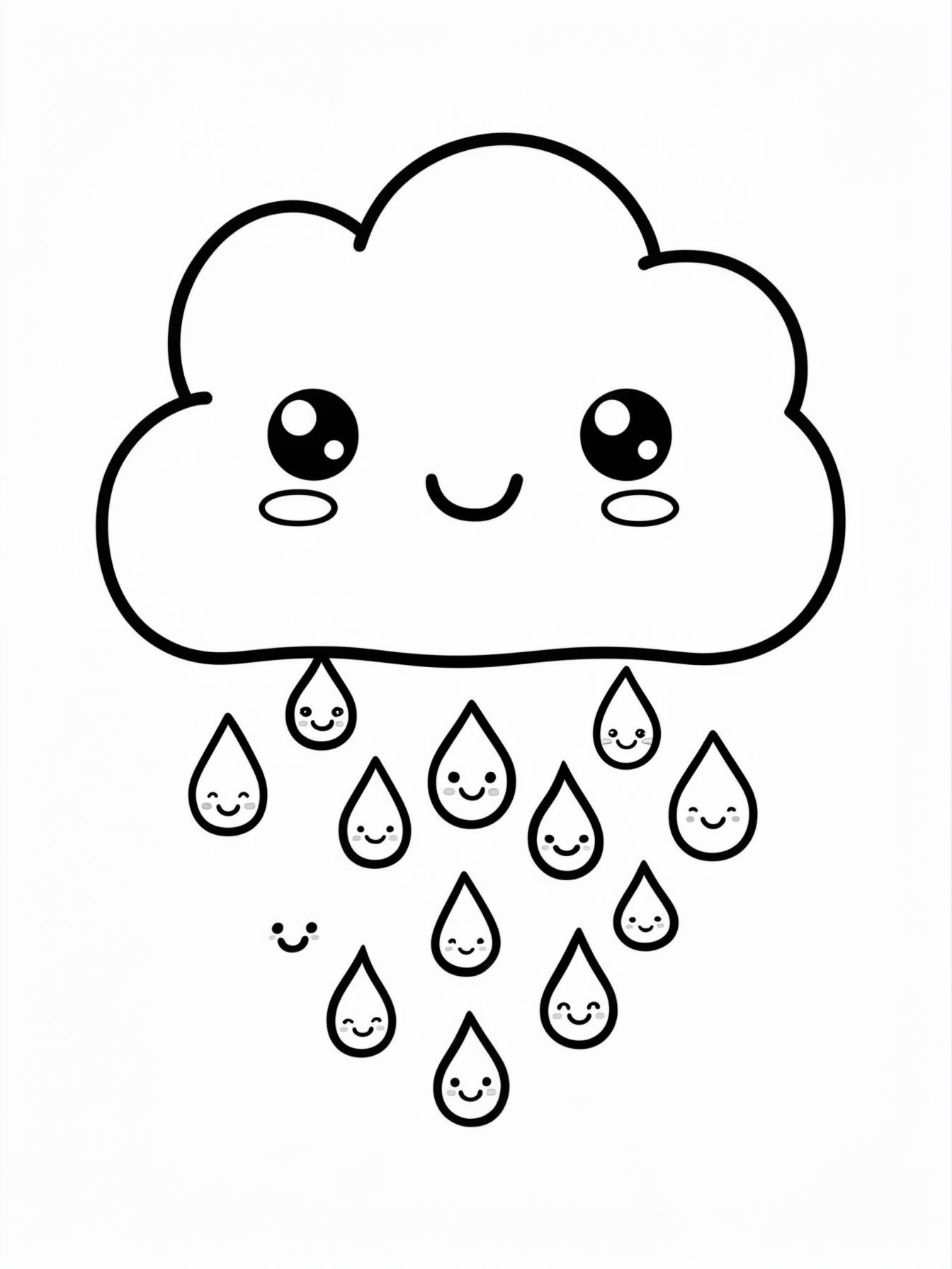 A happy cloud dropping cheerful, smiling raindrops, with each raindrop having a tiny, happy face.