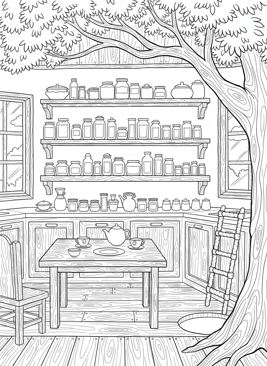 A wide view of a treehouse kitchen with shelves full of jars, a wooden table set for tea, and a ladder leading down the tree trunk.