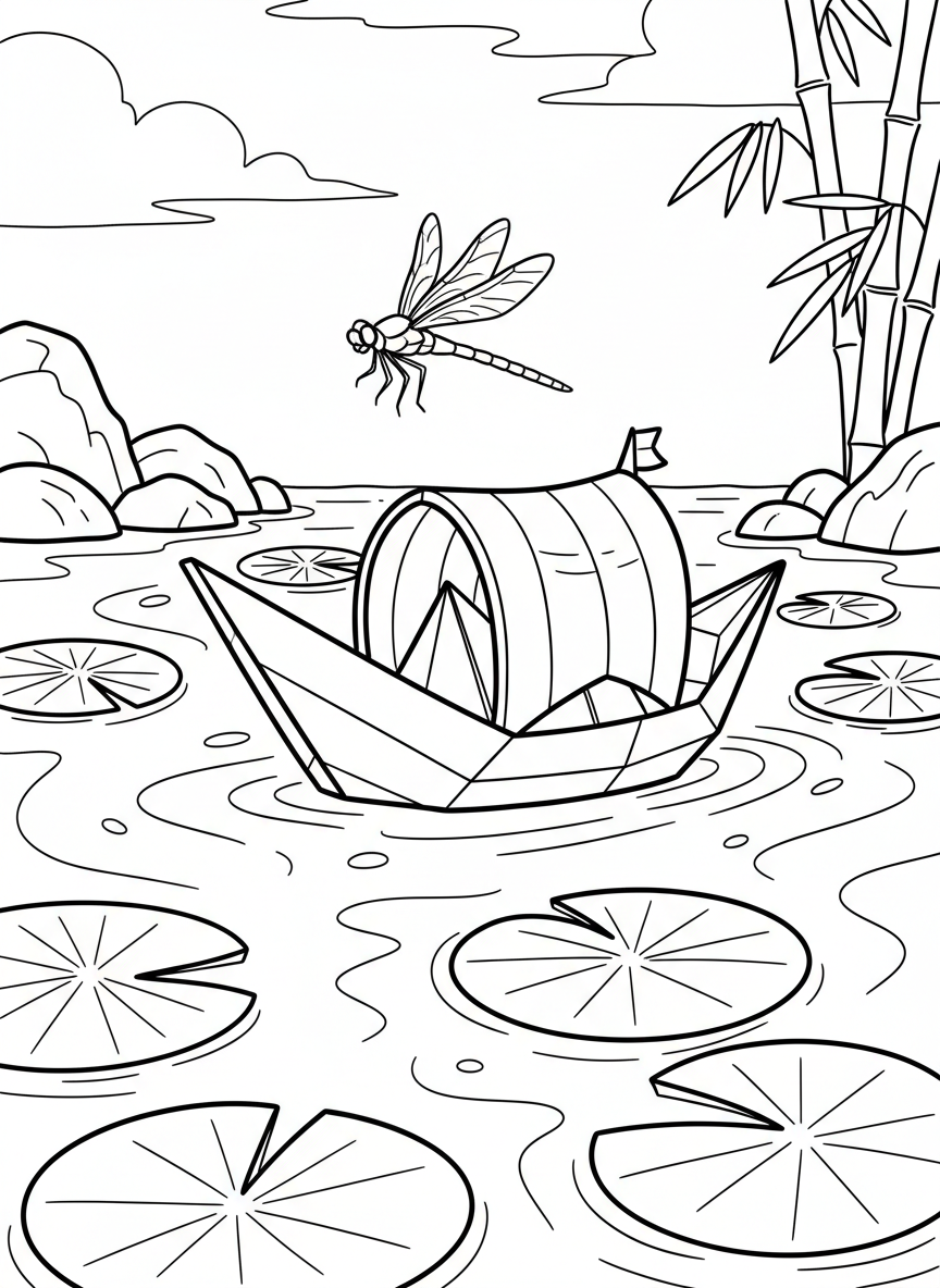 A traditional Japanese origami boat with a canopy top, floating peacefully on a pond with lily pads and a dragonfly hovering above.