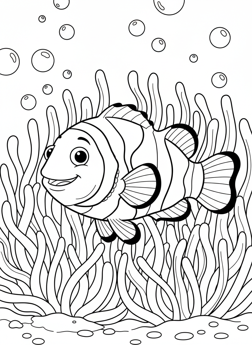 A smiling clownfish swimming among wavy sea anemones with bubbles floating around, simple line art for coloring