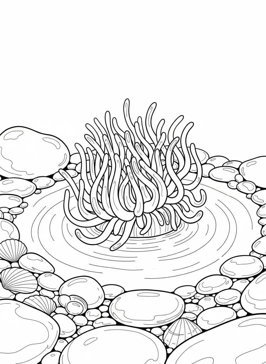 A sea anemone with flowing tentacles in the center of a circular tide pool, surrounded by smooth stones and small shells.