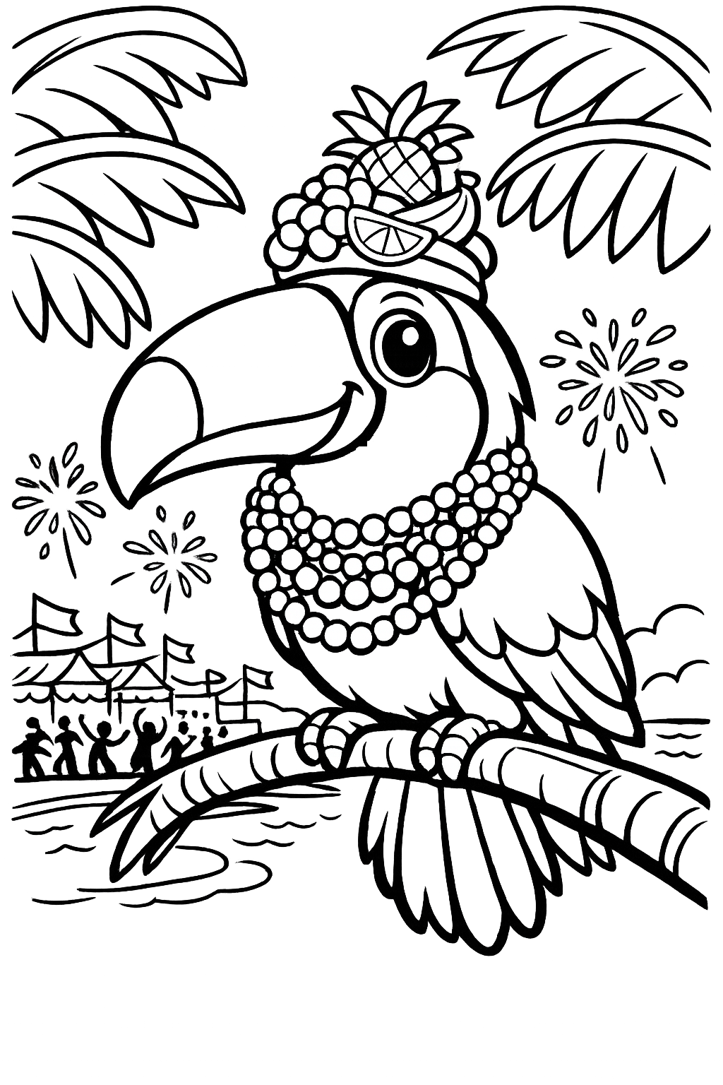 Tropical Mascot: A cute toucan bird wearing a tiny fruit hat and several Carnival bead necklaces, sitting on a palm tree branch overlooking a distant celebration.