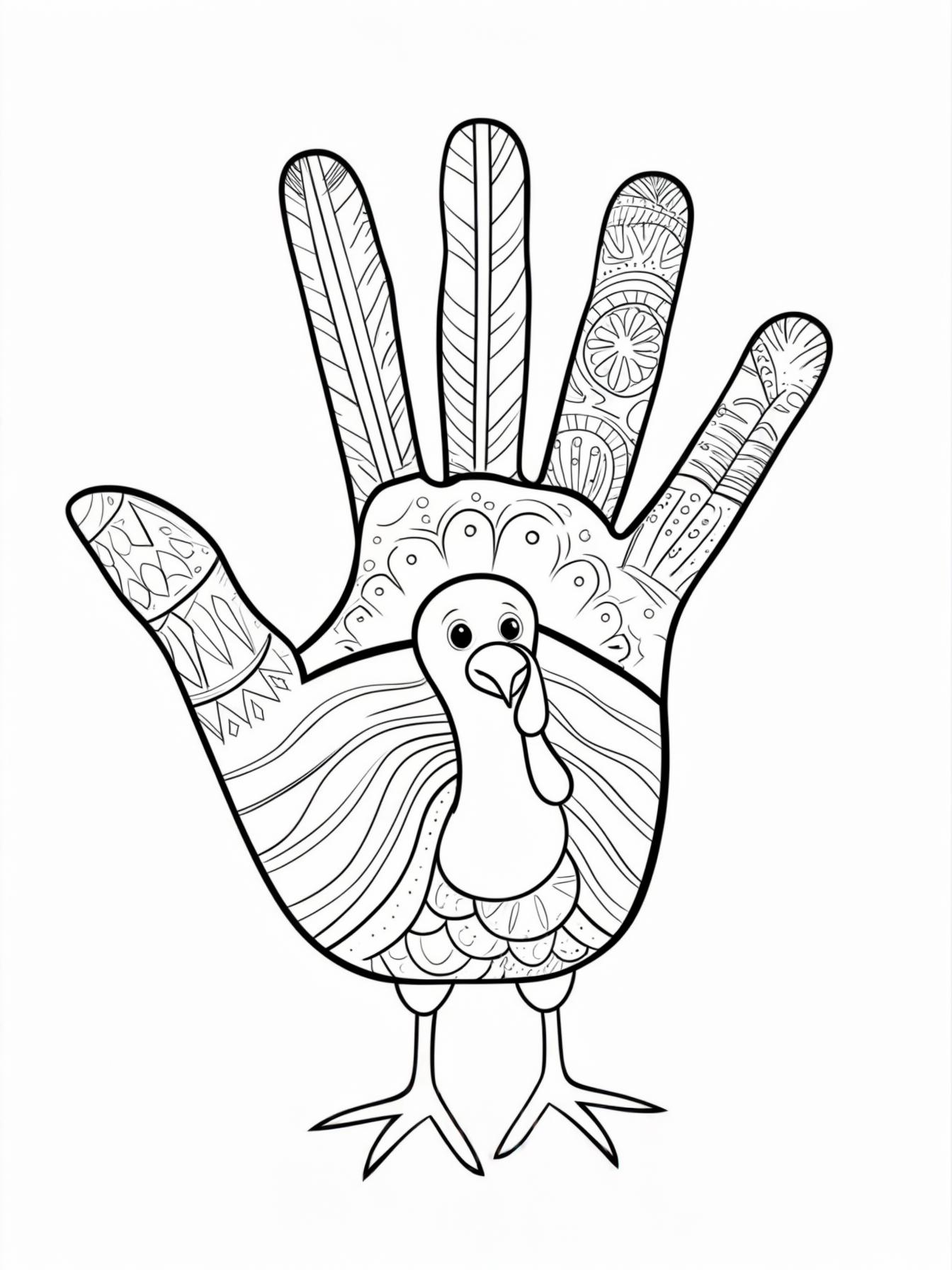 Hand Turkey Art: A classic "hand turkey" drawing, as if a child drew it. The "feathers" (the fingers) are large and have different patterns to be colored in.