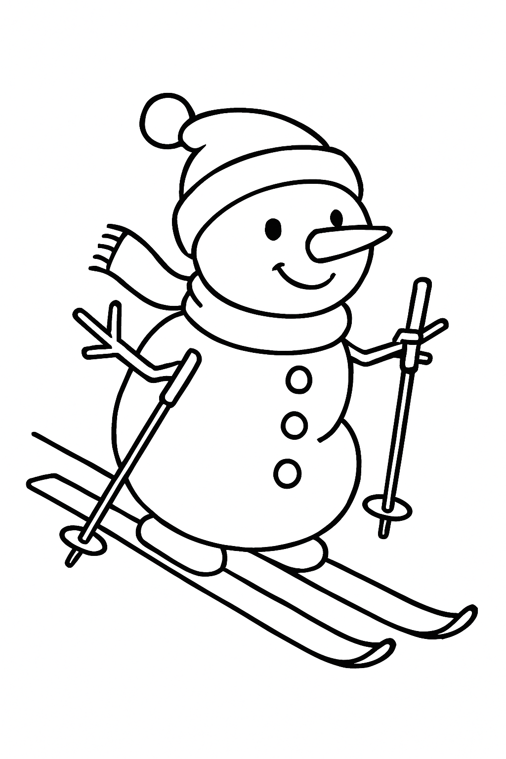 A snowman skiing downhill with long skis and little branch arms holding ski poles.
