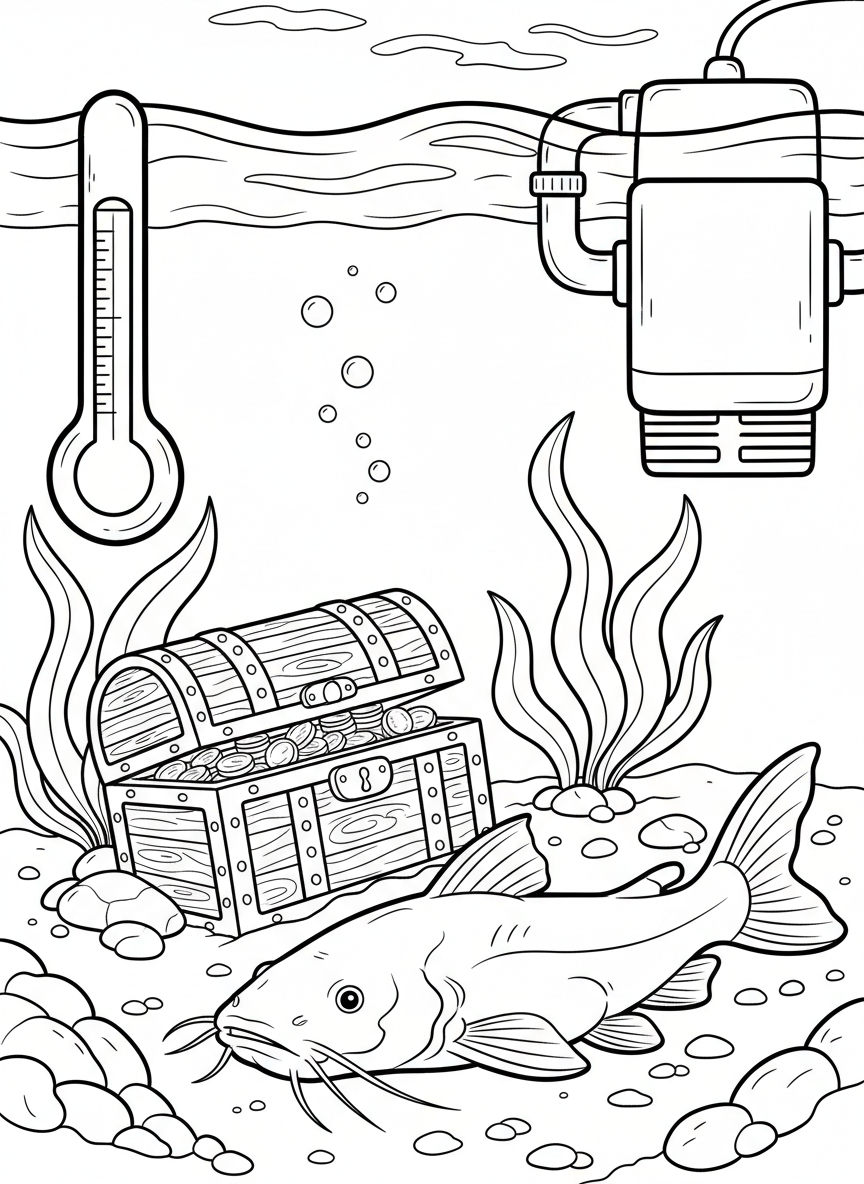 An aquarium thermometer and filter visible with catfish resting on bottom near a sunken treasure chest, realistic tank details
