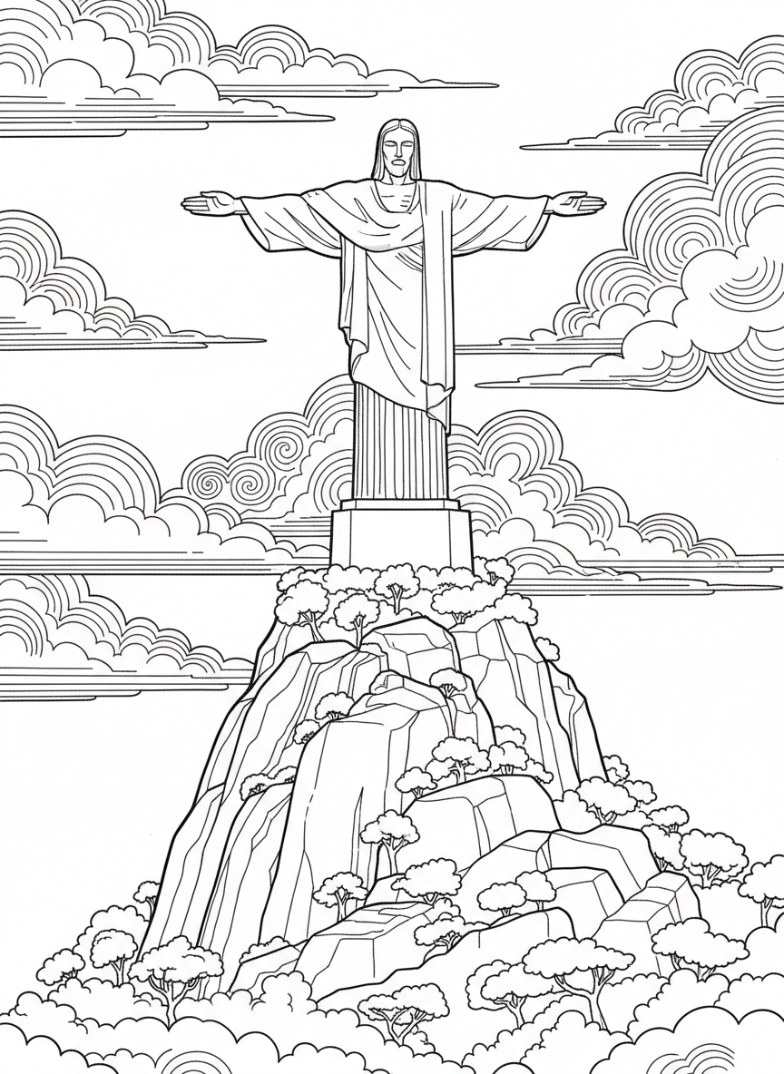 The Christ the Redeemer statue atop a mountain in Rio, arms outstretched with clouds around the base.
