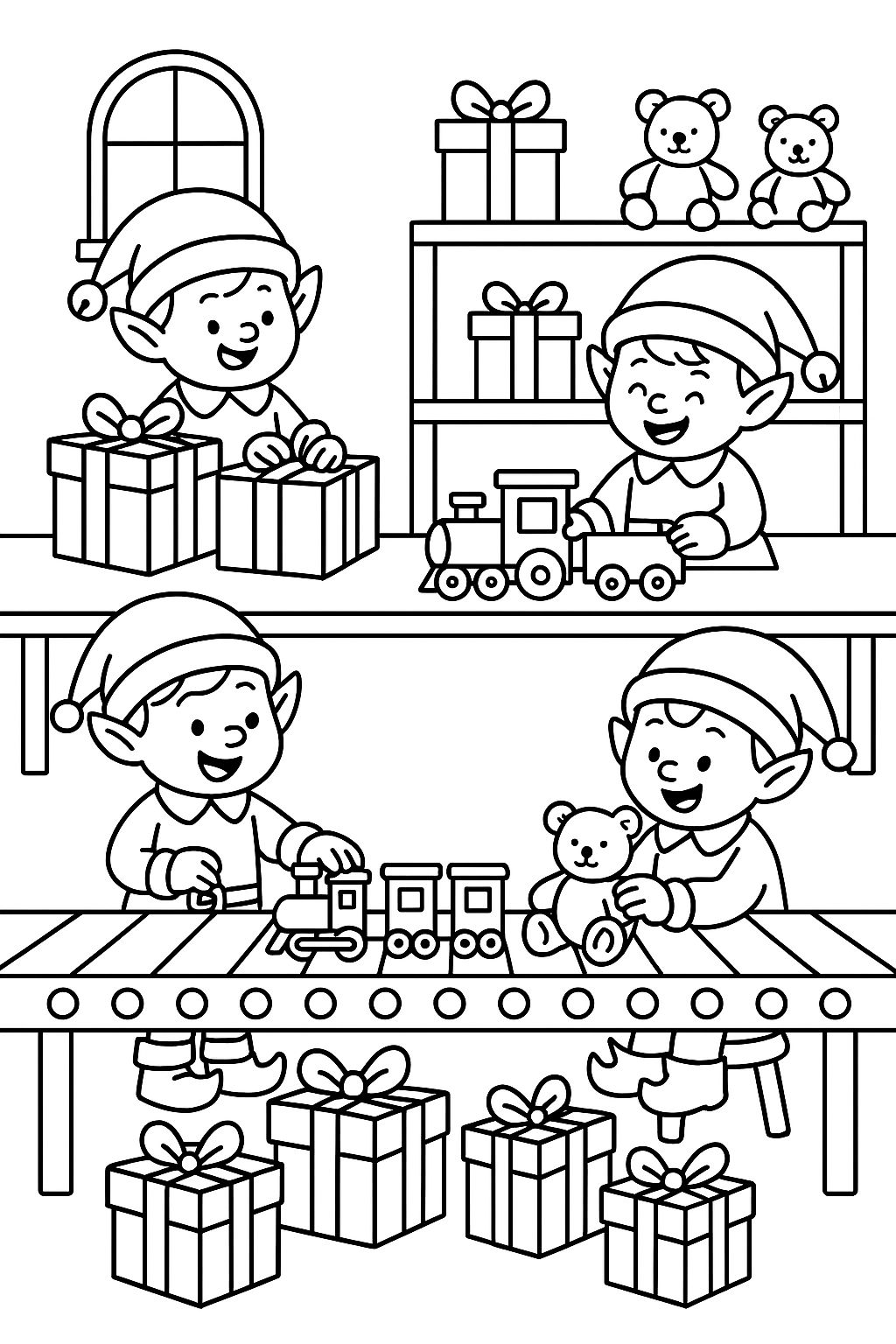 Cheerful elves building toys on conveyor belts in Santa's workshop with wrapped presents, toy trains, teddy bears, and workbenches