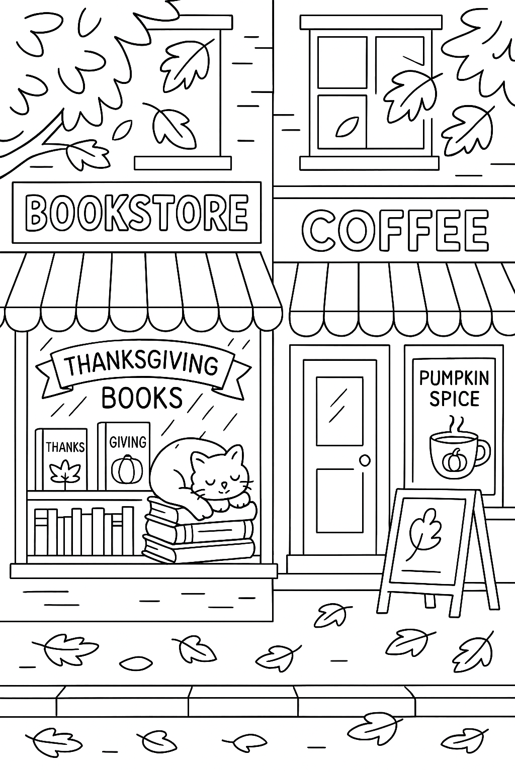 A cozy bookstore nestled on an autumn street, its window display filled with Thanksgiving-themed books and glowing amber light. A fluffy cat sleeps peacefully on a stack of novels inside, while next door, a charming coffee shop displays a pumpkin spice sign. Golden leaves drift gently onto the sidewalk, completing the warm fall atmosphere.”