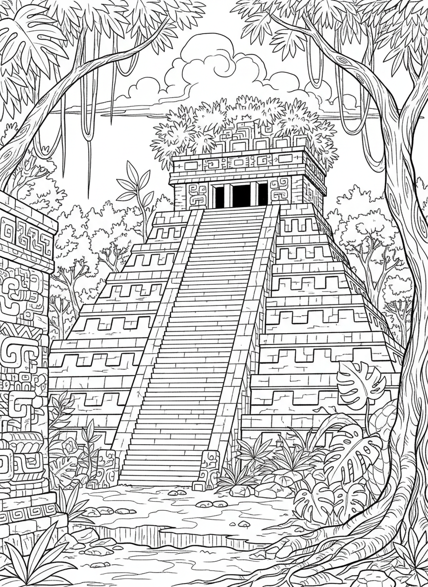 A Mayan pyramid temple with steep steps leading to the top, jungle trees surrounding it and carved stone details.
