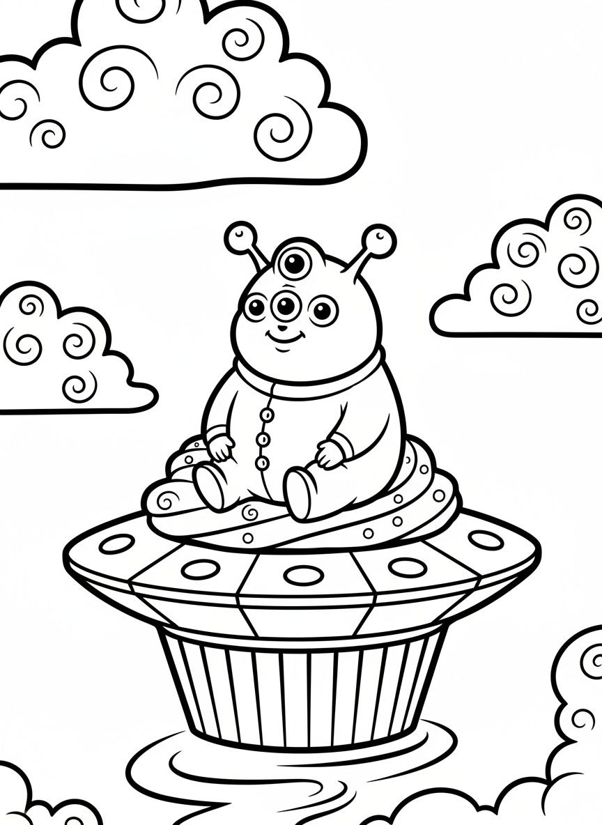 A round, chubby alien riding a flying saucer shaped like a cupcake, with swirly patterns on the spaceship and clouds around it
