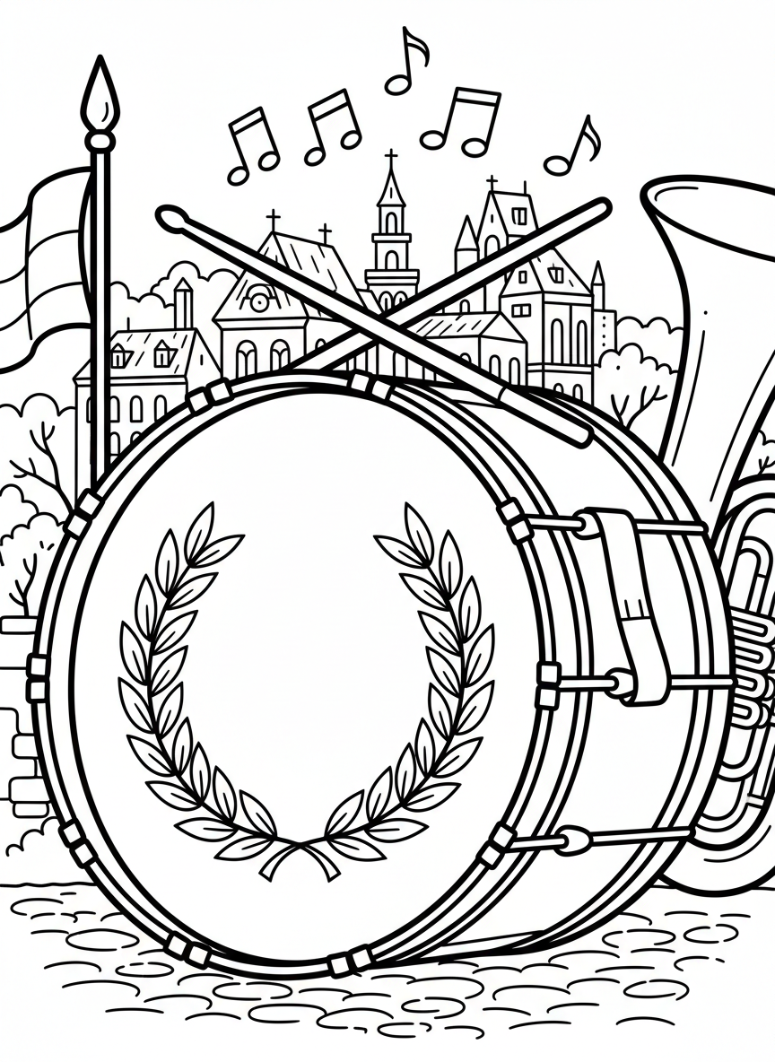 A marching drum with drumsticks crossed over it, musical notes floating around, parade instrument theme