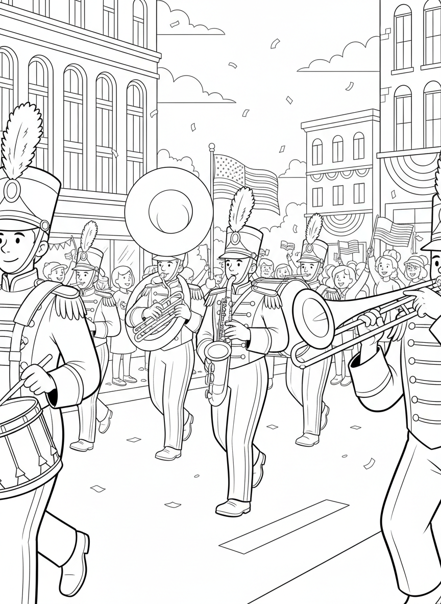 Independence Day Parade coloring page prompts capturing patriotic parades, music, and festive community pride.	Marching band members stepping in rhythm, instruments shining under clear skies.