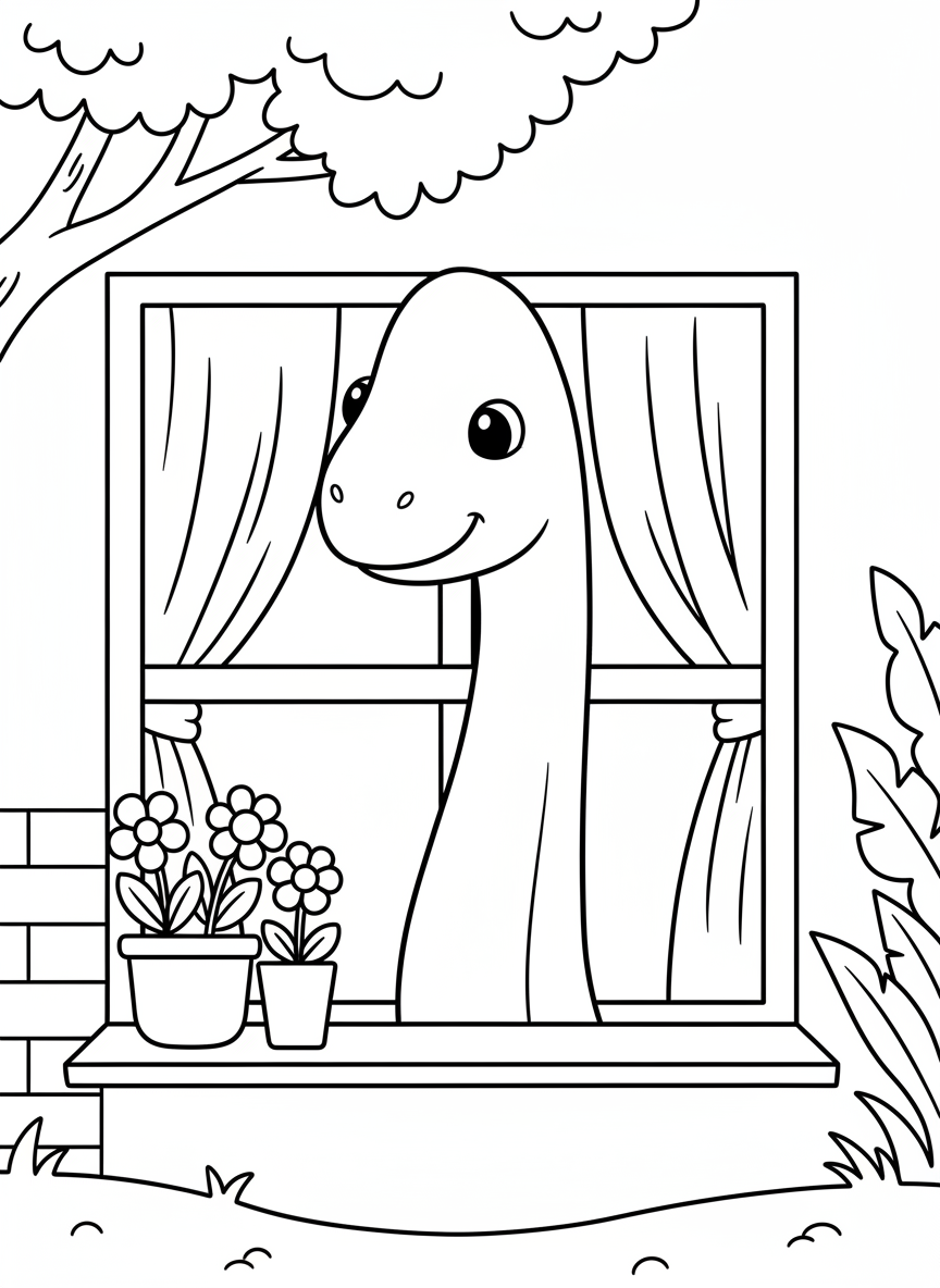 A cute Brachiosaurus peeking through a window with curtains, flowers on the windowsill, simple shapes and clear lines