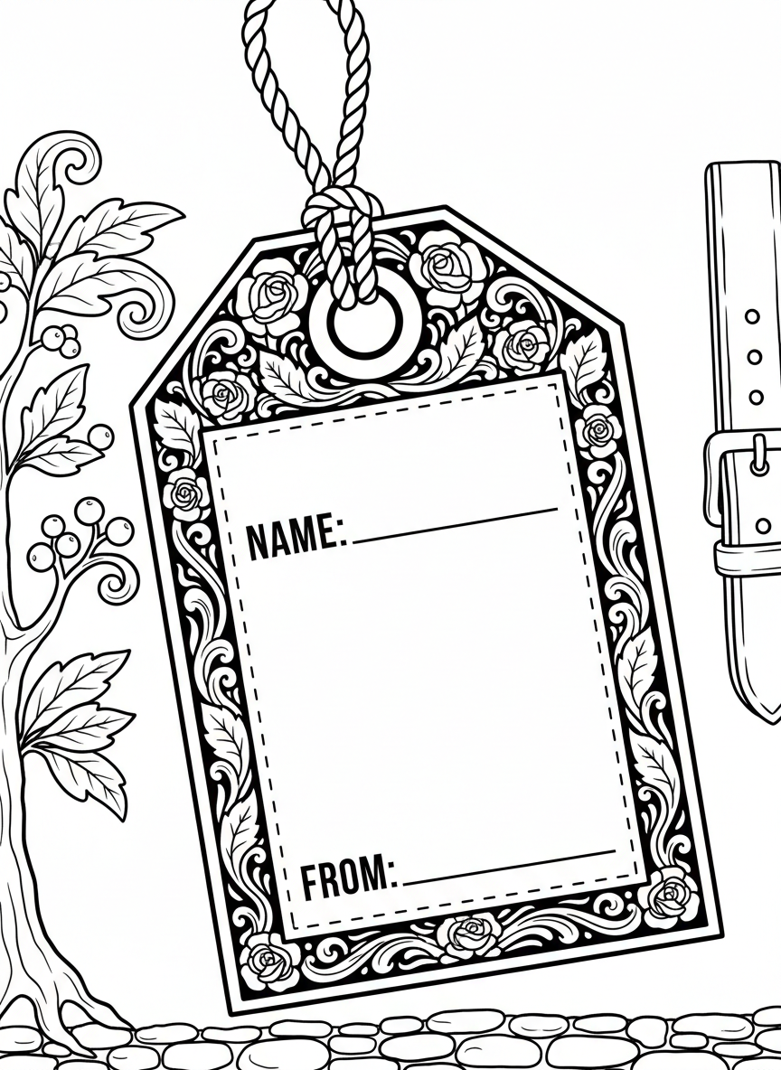 A decorative gift tag shaped like a vintage luggage tag with a rope hole, featuring a floral border and blank space for writing names