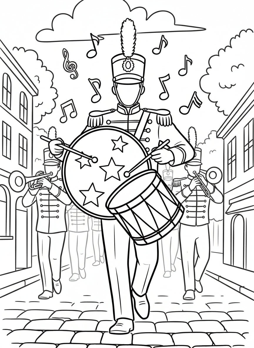 A marching band drummer in uniform playing a large drum decorated with stars, mid-parade with musical notes around.
