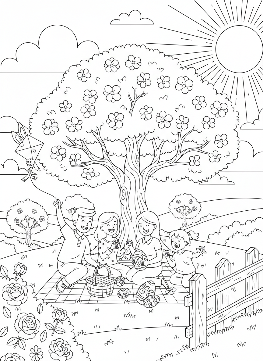 Easter coloring page prompts celebrating springtime, renewal, family gatherings, and seasonal joy.	A peaceful outdoor scene with blossoming trees and families enjoying the gentle arrival of spring.