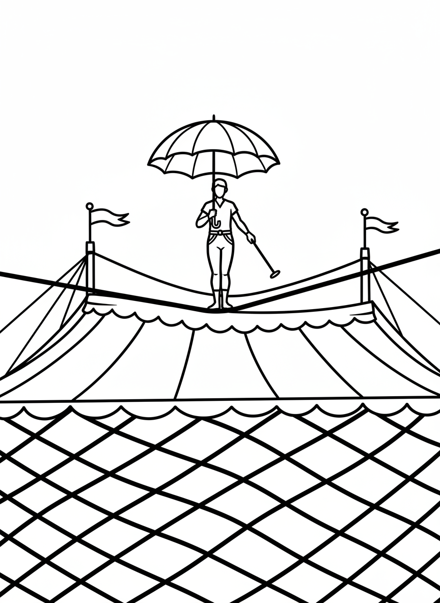 A tightrope walker with an umbrella balancing high above, with a safety net and circus tent background below.