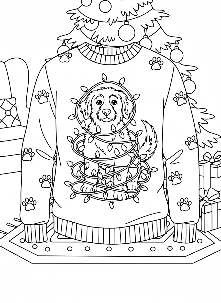 A humorous sweater showing a dog tangled up in Christmas lights, with paw prints scattered across the sleeves and body.