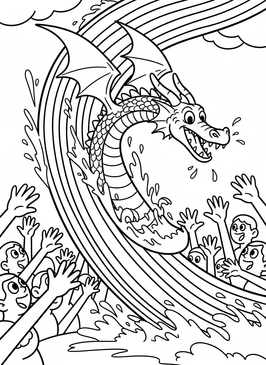 A dragon sliding down a rainbow like a waterslide, arms outstretched with an excited expression