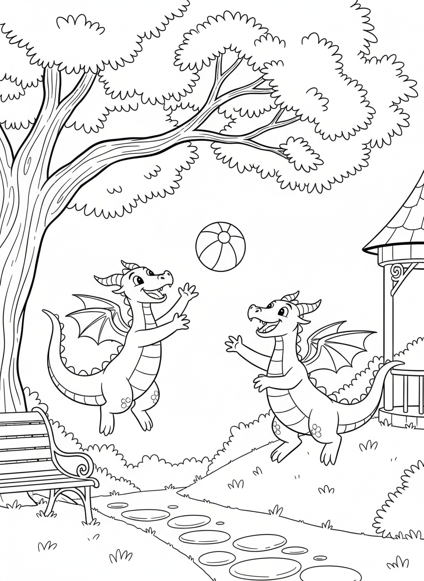 Two dragon friends playing catch with a ball in a park, both smiling and showing their small horns and wings