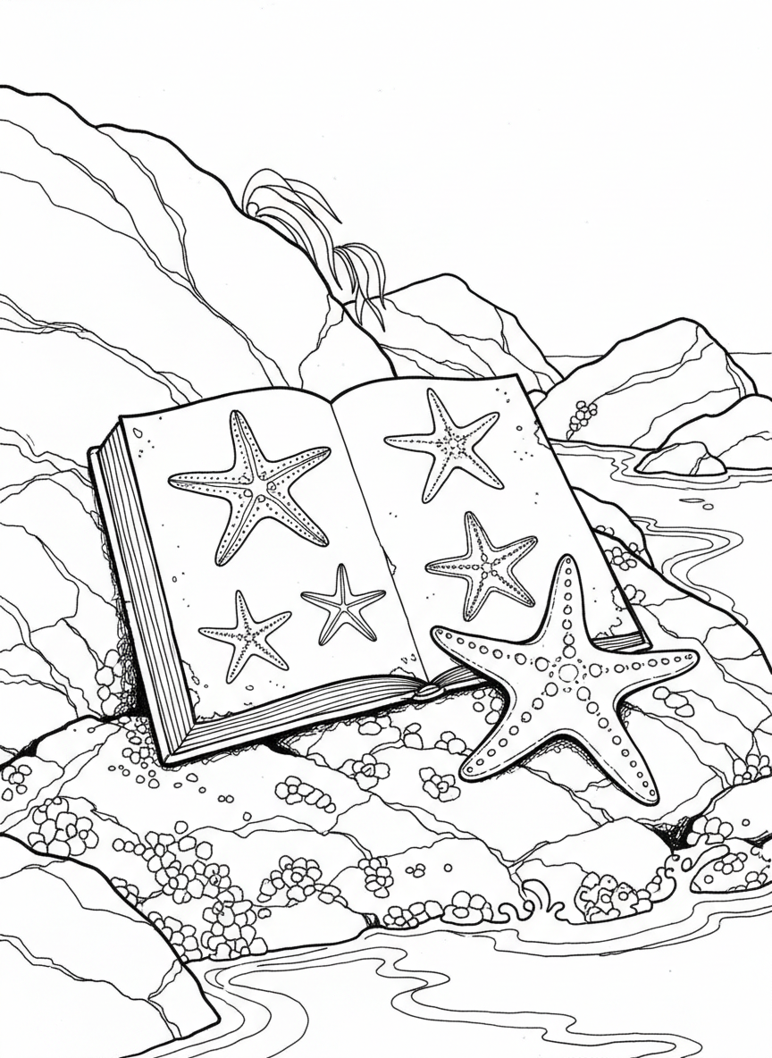 A field guide propped open on a rock showing a page about starfish, with a real starfish positioned next to it for comparison.