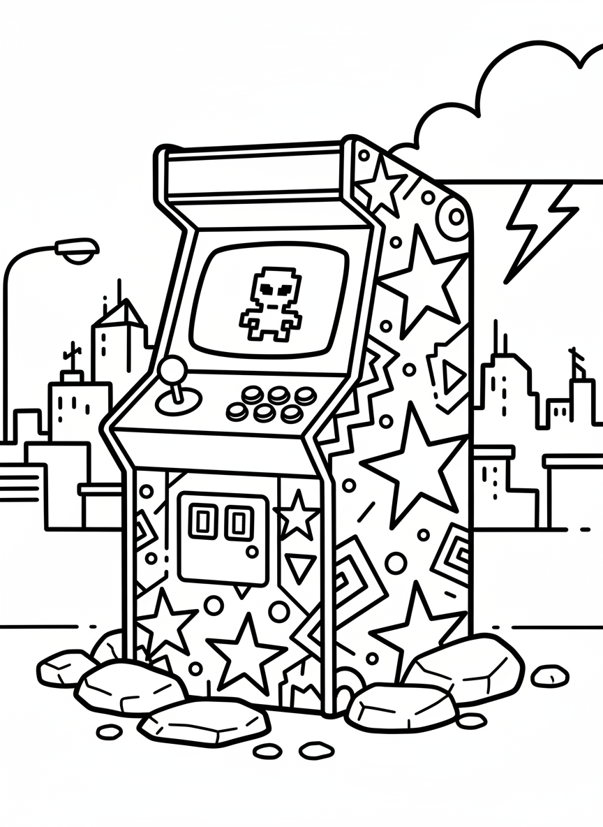 A classic arcade cabinet with a joystick and buttons, decorated with stars and geometric patterns on the side panels, simple line art for coloring.