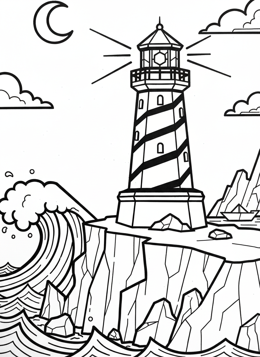 An origami lighthouse standing on rocky cliffs, with a spiral pattern indicating the tower's height and a bright beacon room at the top.