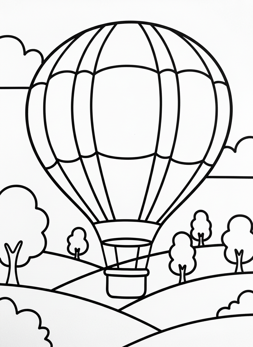 A single large hot air balloon with bold stripes floating above rolling hills, simple and perfect for young children to color.