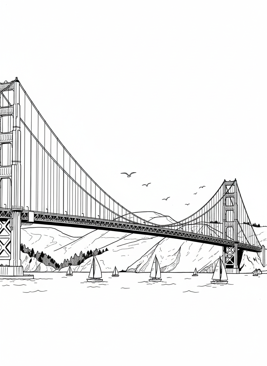 The Golden Gate Bridge spanning across the bay with sailboats underneath and seagulls flying overhead, clean line drawing perfect for kids.