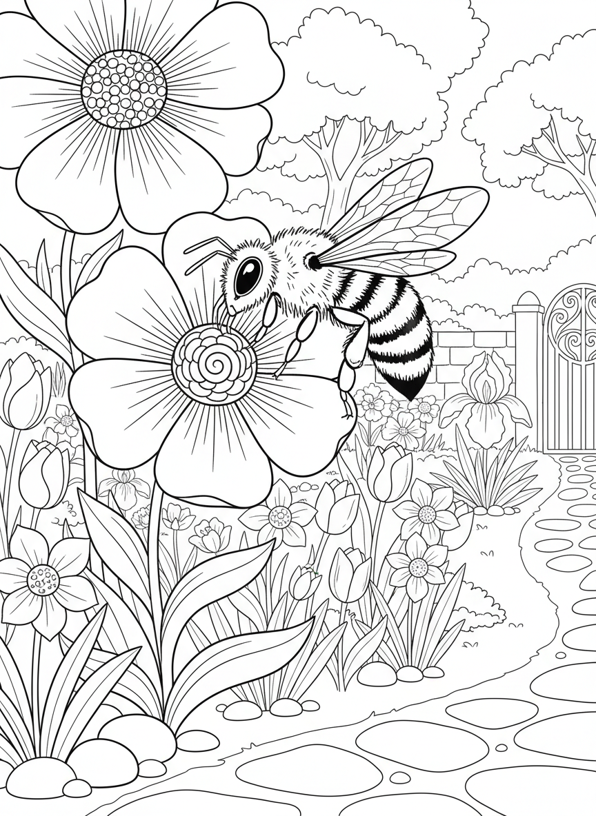 A honeybee collecting pollen from a large flower, with a garden full of various spring blooms in the background.