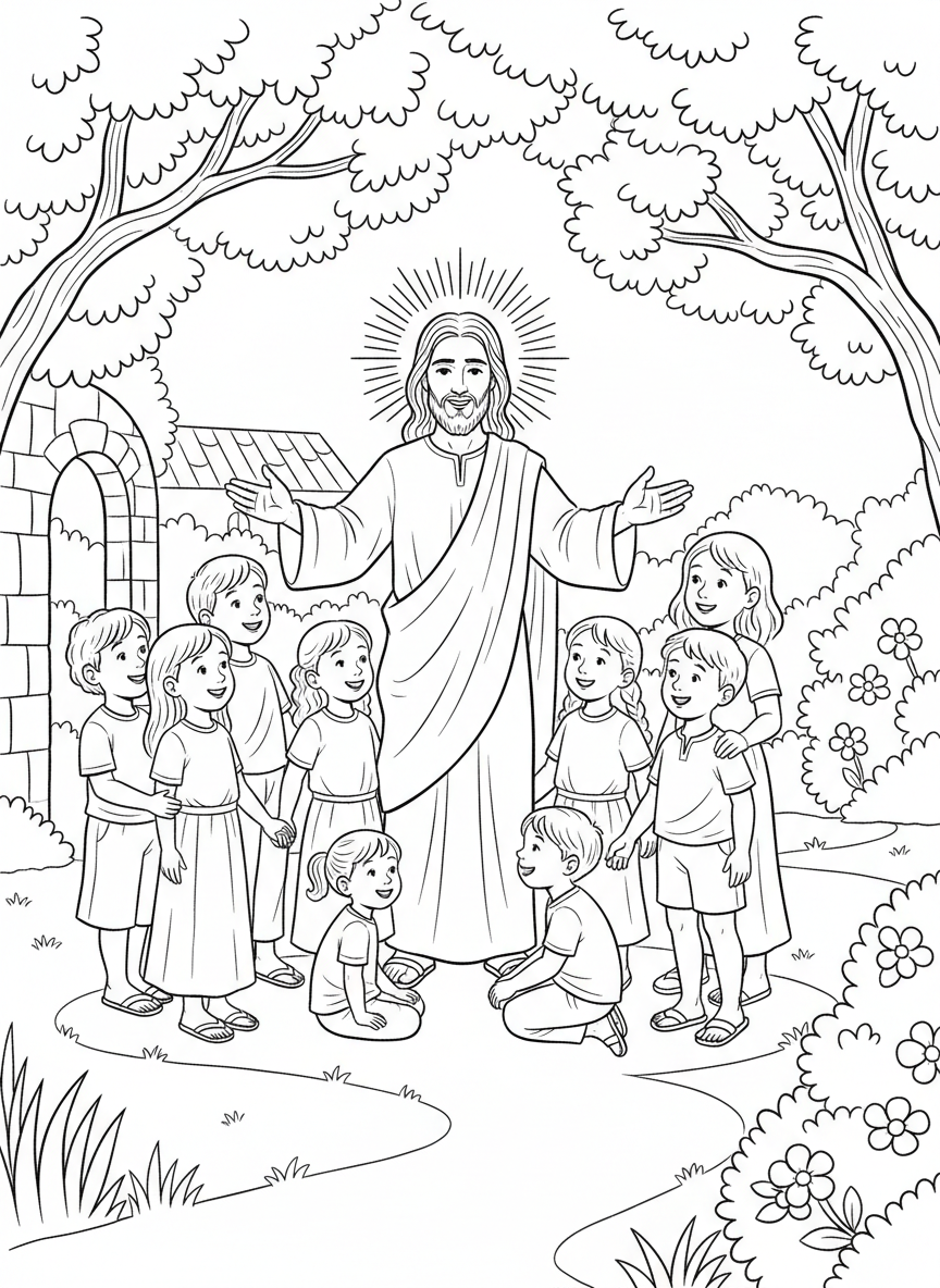 Jesus blessing children who are gathered around him in a circle, showing different ages of kids smiling