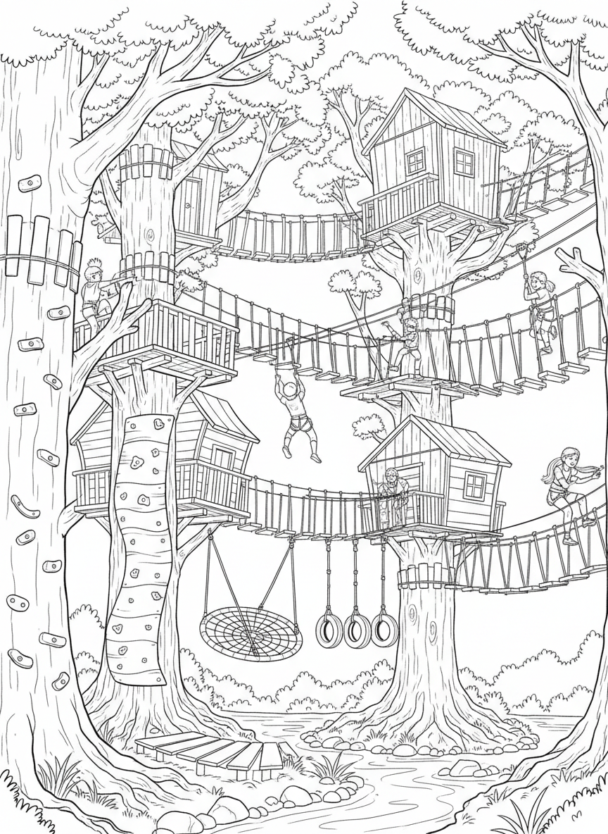 A treehouse obstacle course with rope bridges, climbing walls, and zip lines creating an adventure park in the trees, detailed active scene.